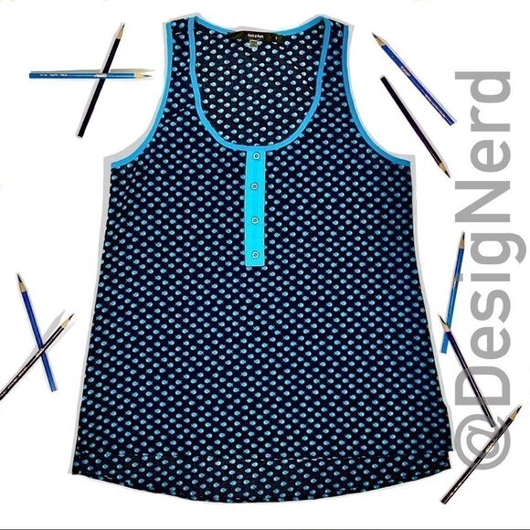 MODCLOTH RACERBACK HENLEY TANK TOP IN BLUE FISH TINY PRINT WOMEN’S SIZE SMALL - Picture 1 of 10